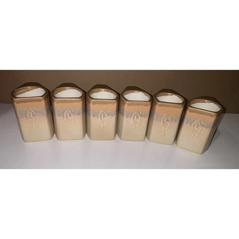 6 VTG CREAM Rodolfo Padilla Pottery Drip Glaze Stacking Mugs Kokopelli w/Stand
